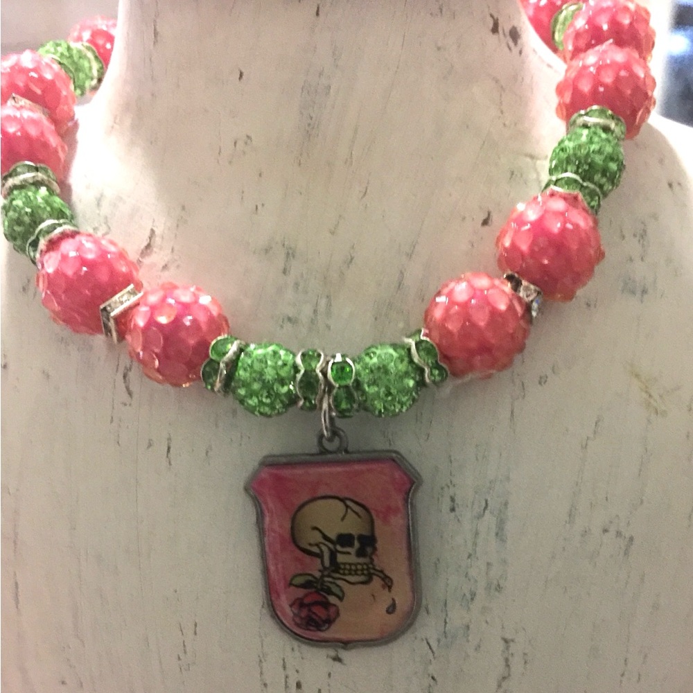 Pink and Green Beaded Pet Necklace with Skull Pendant